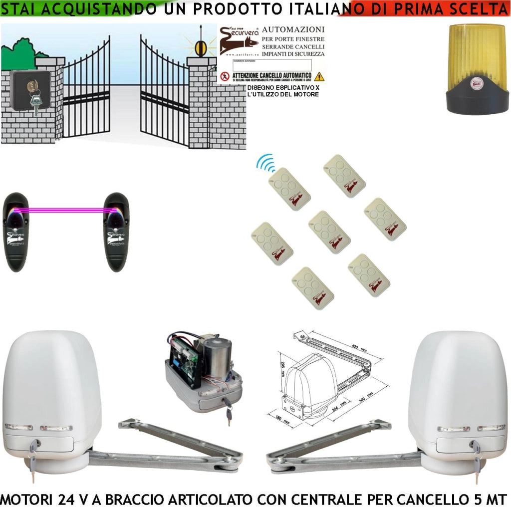 Kit 2 Motori a Braccio Articolato 24 V Cancello Automatico 2 Ante da 0,5 a 2,5 MT Centrale 220/24 V 7 Radiocomandi Faro Selettore Coppia Fotocellule