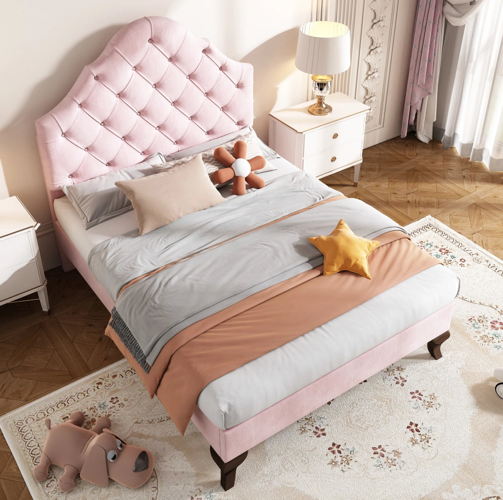 Letto imbottito in velluto rosa 90 x 200 cm con rete e testiera regolabile