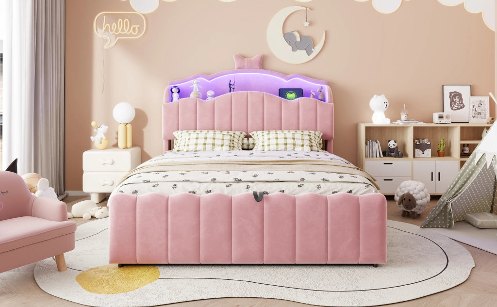 DESMIU Litto bambini 140 × 200 cm con contenitore idraulico, USB, Type-C, LED, senza materasso, rosa