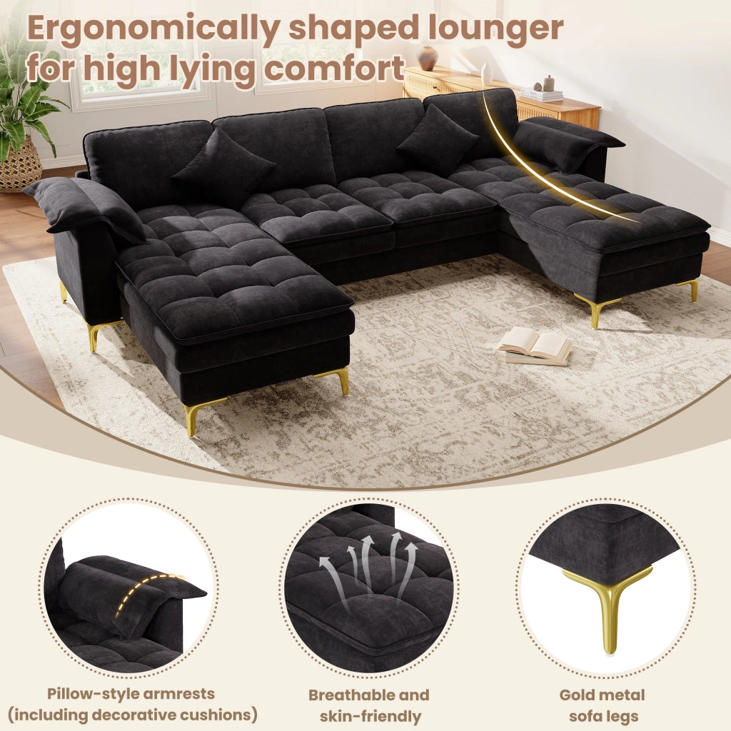 Divano angolare a U modulare con 2 chaise longue e cuscini in ciniglia nera per soggiorno 262 × 134 × 86 cm