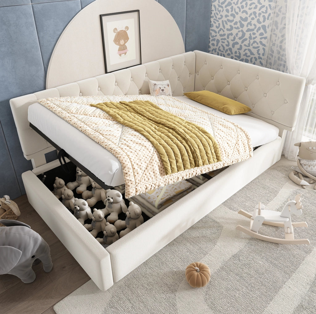 Letto singolo 90x190 cm con contenitore idraulico in velluto beige