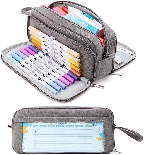 Etui a Tela con Alta Capacità - 3 Compartimenti - Grande Tasca per Pennarelli - Organizzatore per Scuola e Ufficio - Grigio Scuro