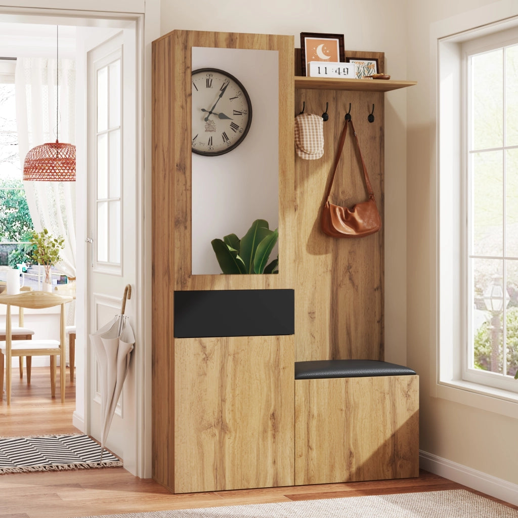 OKWISH Mobile da ingresso con 5 Ganci, Specchio, Panca e 2 Scarpiere, Ripiani Regolabili, 98.5 x 38 x 191 cm