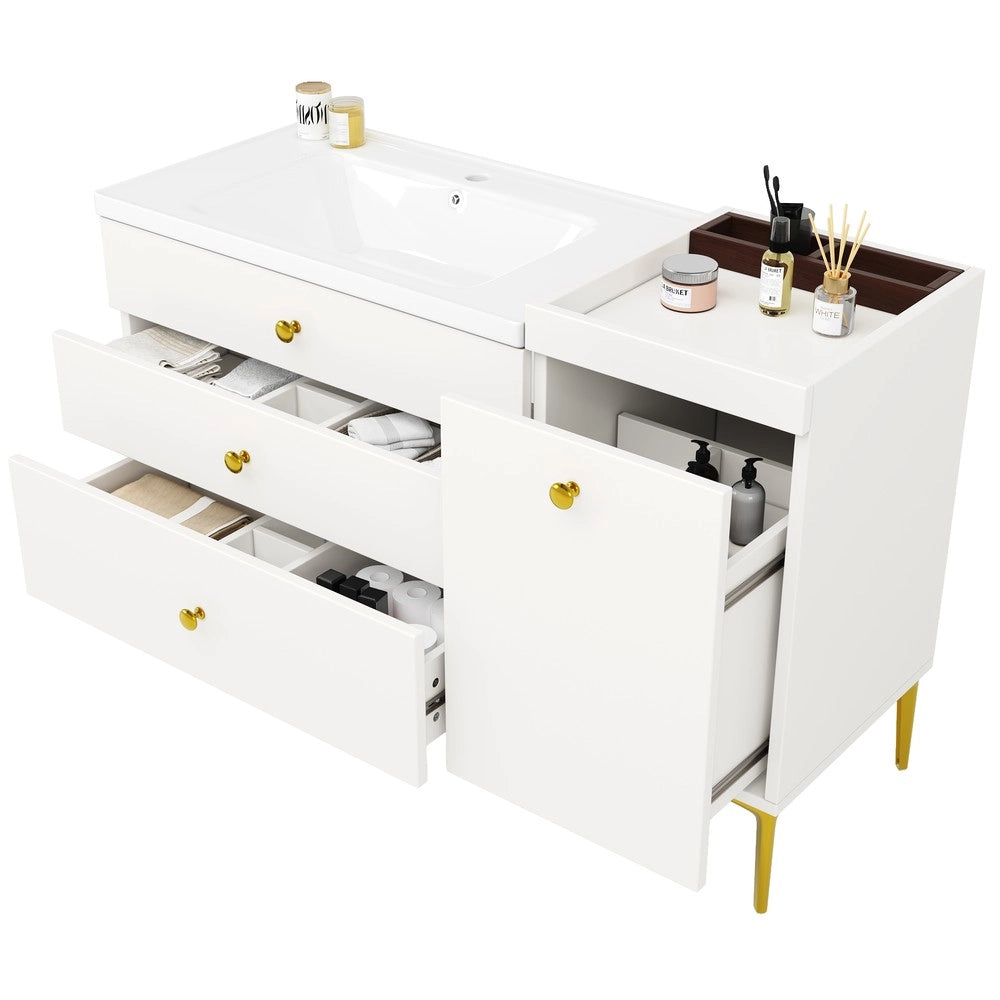 Mobile da Bagno con Lavabo in Ceramica, Cassetti e Ante ¨C Xylo ¨C Bianco e Oro