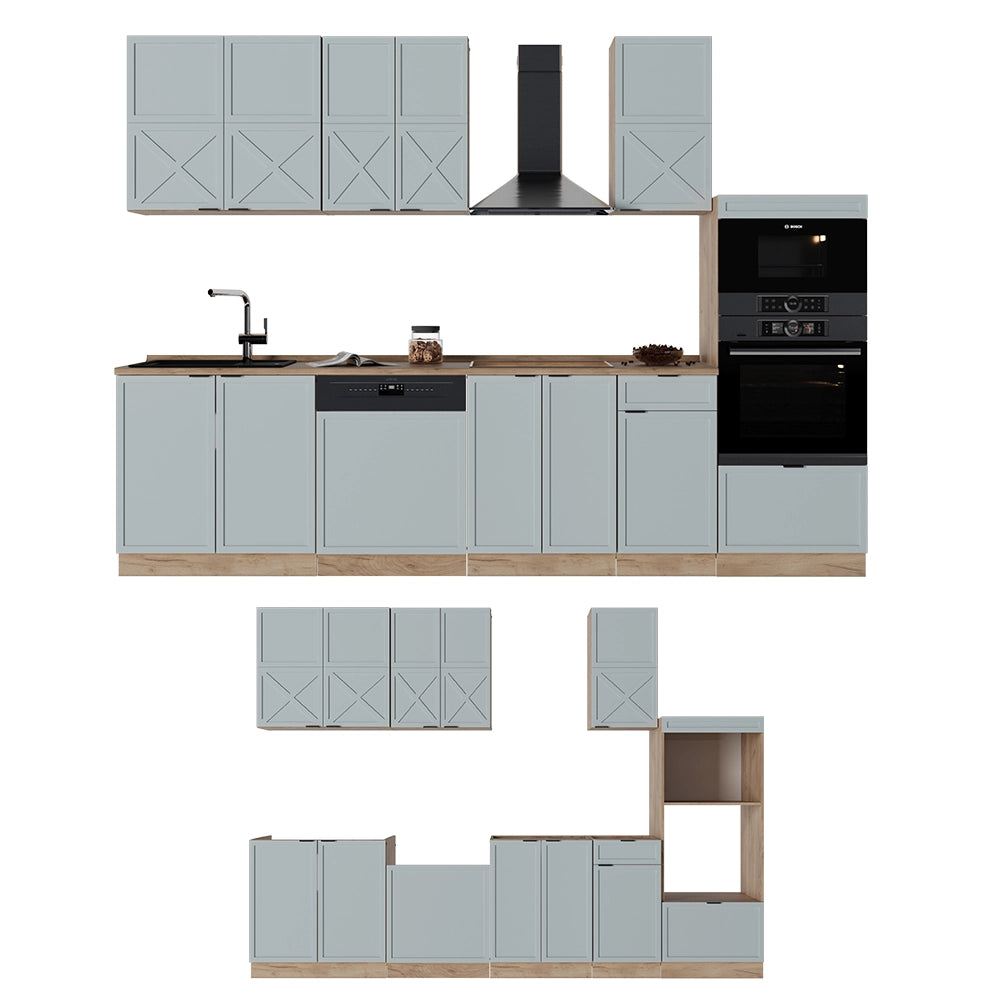 Vicco Cucina componibile Rovere blu-grigio chiaro/oro 300 cm con armadio alto, PL Rovere