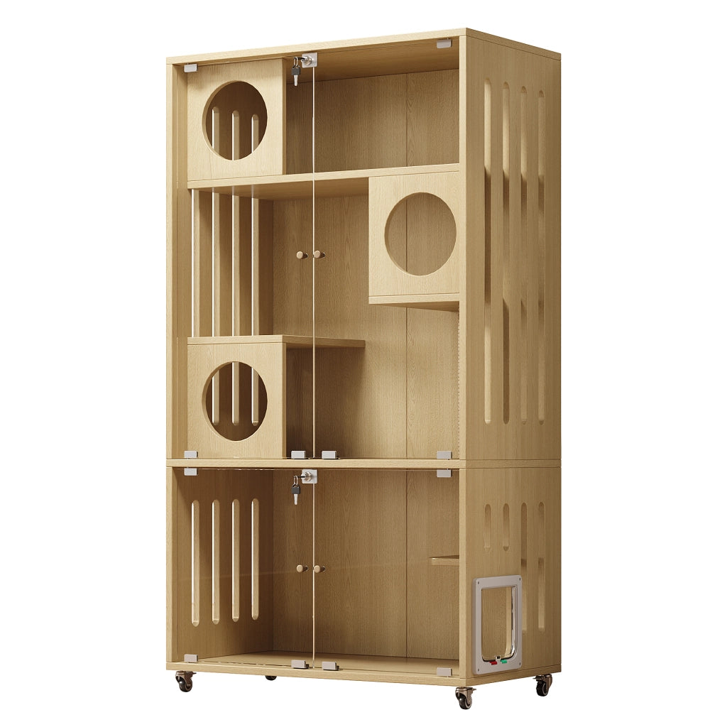 Mobile contenitore per gatti con 3 livelli e porta in vetro - 90×50×166 cm - naturale