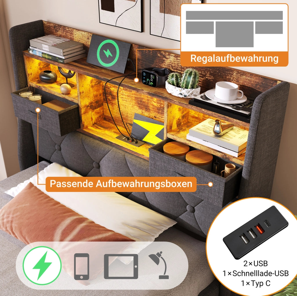 Letto imbottito 90 x 200 cm con LED, USB e vano contenitore