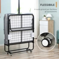 Letto Pieghevole Singolo 90x200 cm con Materasso Spesso 10 cm, Rete in Metallo e Ruote con Freno, Nero