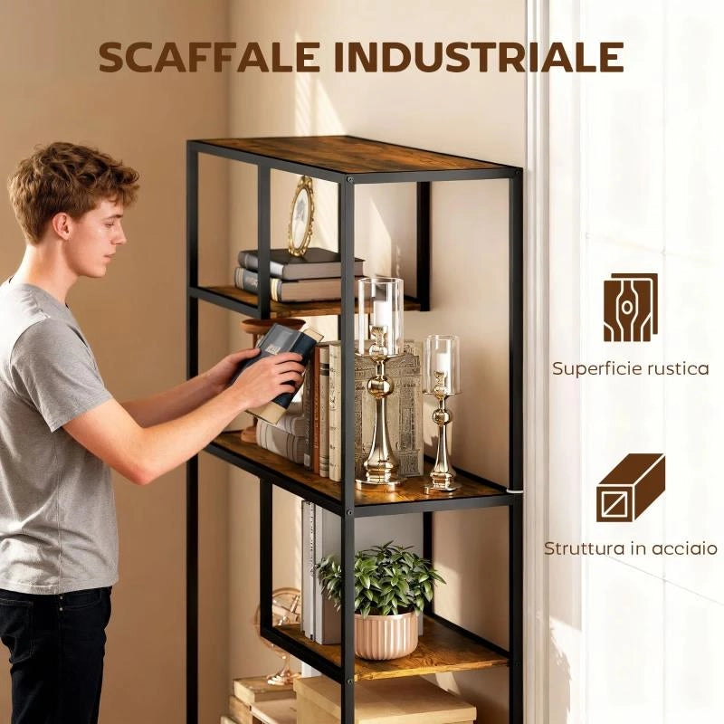 MOBILE LIBRERIA A 7 LIVELLI IN LEGNO E ACCIAIO STILE INDUSTRIALE, 83X34X180 CM, MARRONE