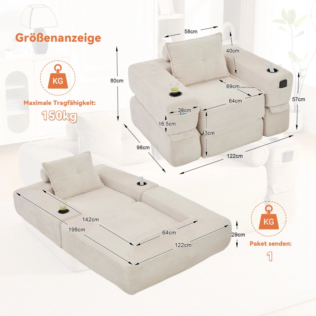 Divano letto modulare con seduta in schiuma e molle, tasche laterali e portabicchieri in velluto a coste beige