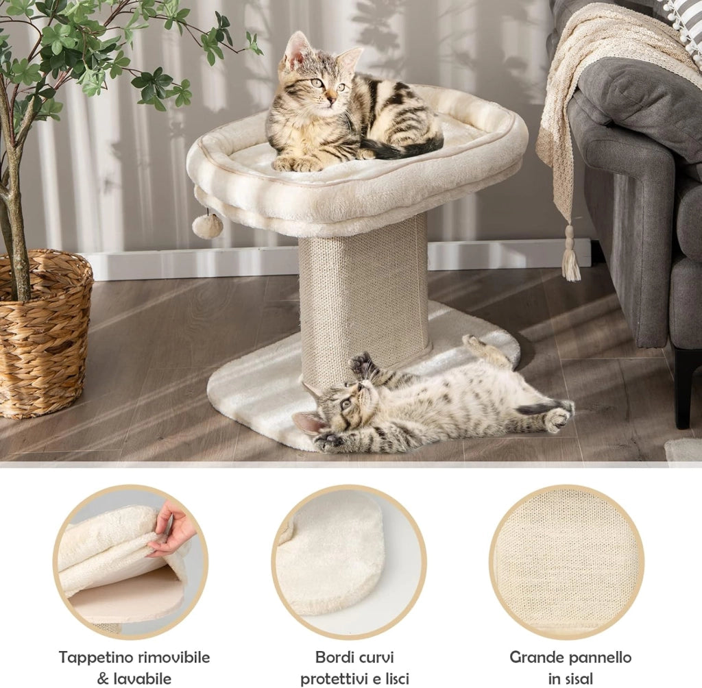 Tiragraffi per Gatti, Albero Tiragraffi Gatto con Grande Cuccia in Peluche e Tiragraffi in Sisal e Palla, Tiragraffi da Divano in Legno per Gatti Piccoli, Portata 20 kg (Beige)