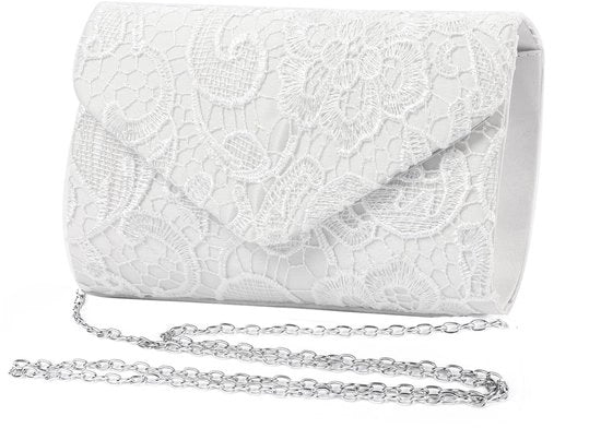 Borsa da sera per donne, Clutch con fiori a raso con cinturino a spalla, Borsa a tracolla in satin per matrimoni e feste di nozze, Bianca