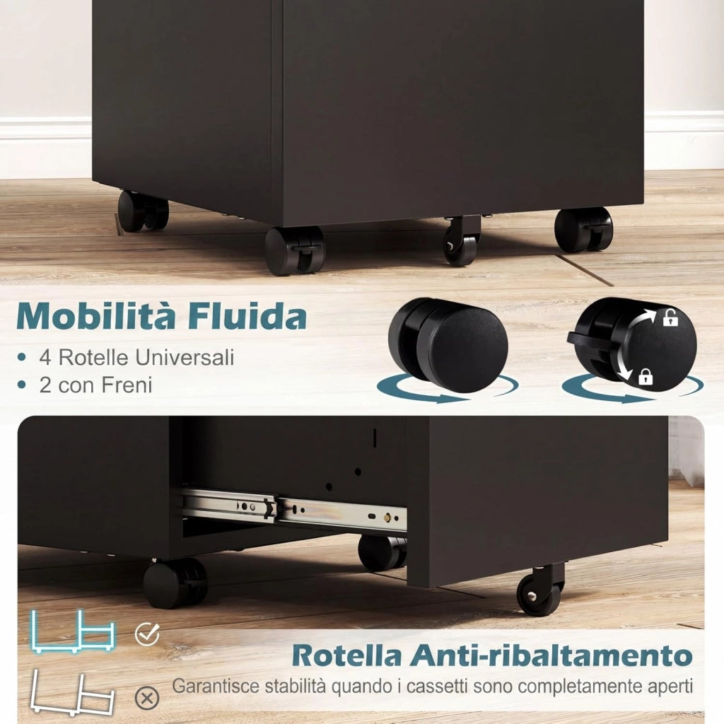 Cassettiera da Ufficio a 3 Cassetti, Mobiletto per Documenti con 5 Ruote e Serratura, Schedario da Ufficio in Acciaio per File Formato A4, Letter e Legal, 37 x 44 x 60,5 cm