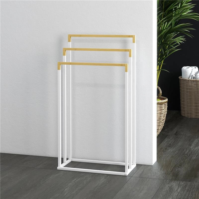 PORTASCIUGAMANI AUTOPORTANTE A 3 SBARRE IN BAMBÙ E ACCIAIO, 45X22.5X86 CM, BIANCO E COLOR LEGNO