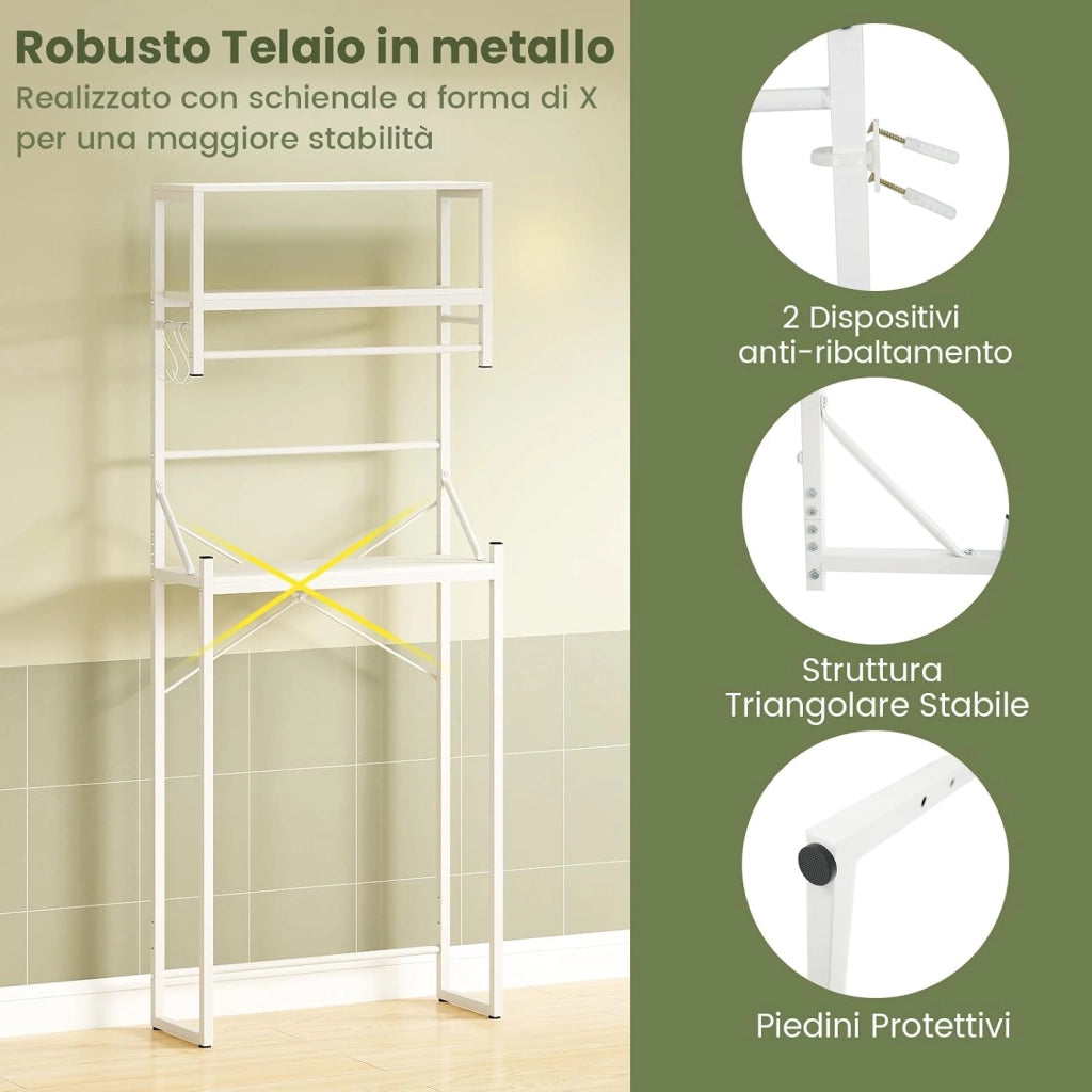 Scaffale per Sopra il WC, Mobile da Bagno con 3 Ripiani, Portasciugamani e Ganci e Barra Inferiore Regolabile, Mobiletto da Bagno Autoportante per Risparmio di Spazio, 64 x 24 x 162 cm