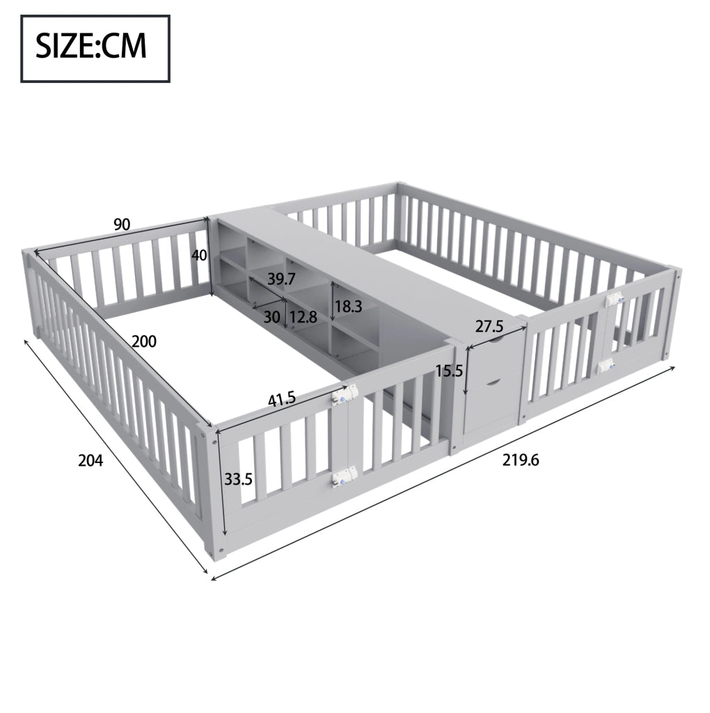 Letto doppio per bambini 2x90x200 cm con cassetti e ripiani in pino; compensato e MDF grigio
