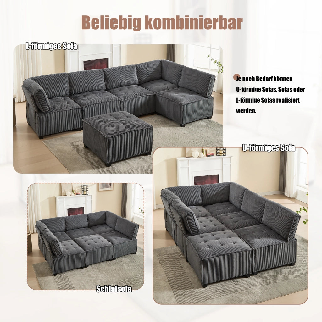 OKWISH Divano Modulare 6 Posti, Configurabile a U o L e Funzione Letto, Tasche Laterali, Velluto a Coste, Grigio