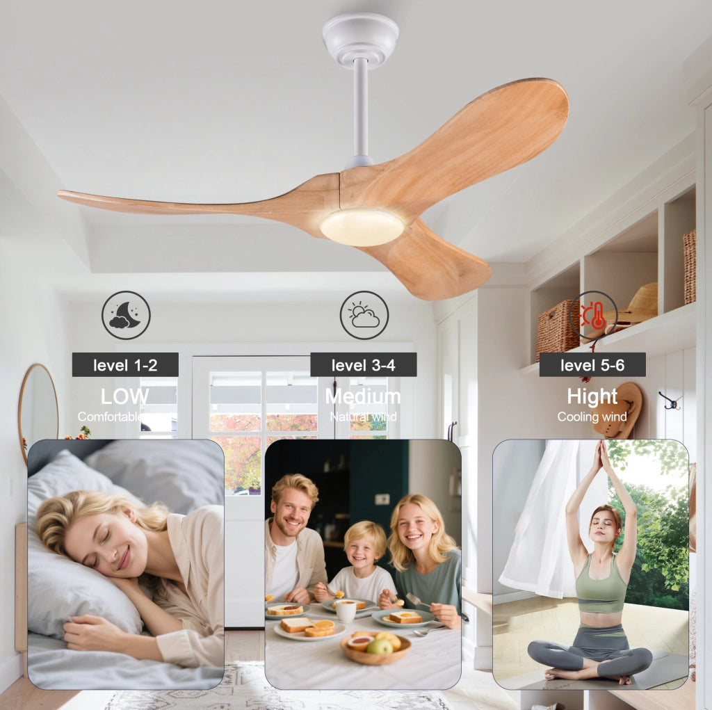 Ventilatore da soffitto con luce LED 42 pollici in legno massello; bianco naturale