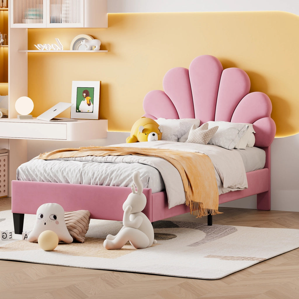 Letto Singolo 90×200 cm; 1 Posto con Testiera a Fiore; senza Materasso; Imbottito; Rosa