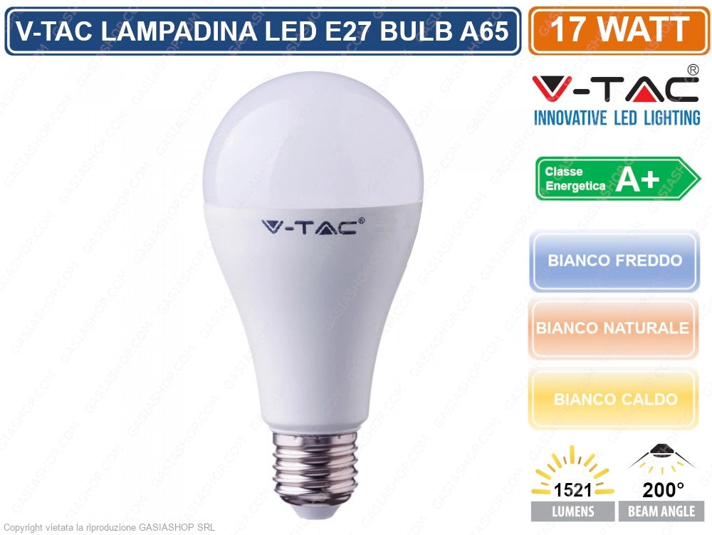 V-TAC VT-2017 LAMPADINA LED E27 17W BULB A65 - Colore Luce:Bianco Naturale