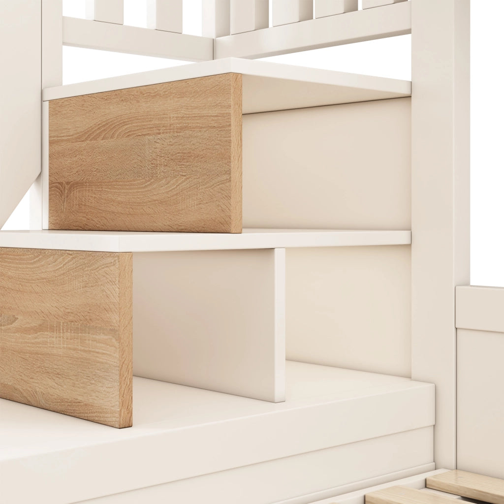 DESMIU Letto a castello bambino 90 × 200 cm e 140 × 200 cm con contenitore, senza materasso, bianco e naturale