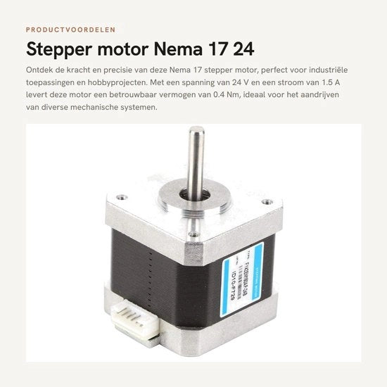 Motore a passo - Nema 17 - 24 V/1,5 A - 0,4 Nm - 2 fasi - Utilizzo industriale - Efficienza 80% - Formato compatto