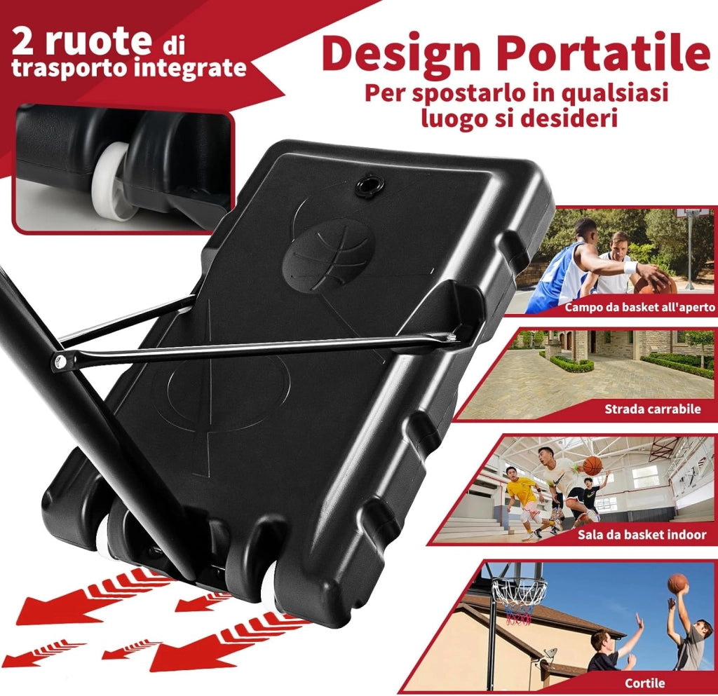 Canestro da Basket Portatile per Adulti, Canestro Basket Regolabile in Altezza 1,3M-3,05M con Ruote Tabellone Infrangibile e Retina Durevole, Adatto a Interno Esterno, Nero