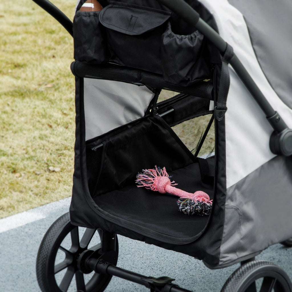 Carrello pieghevole per cani grandi fino a 30 kg con finestre in rete, ruote rimovibili, poliestere grigio scuro