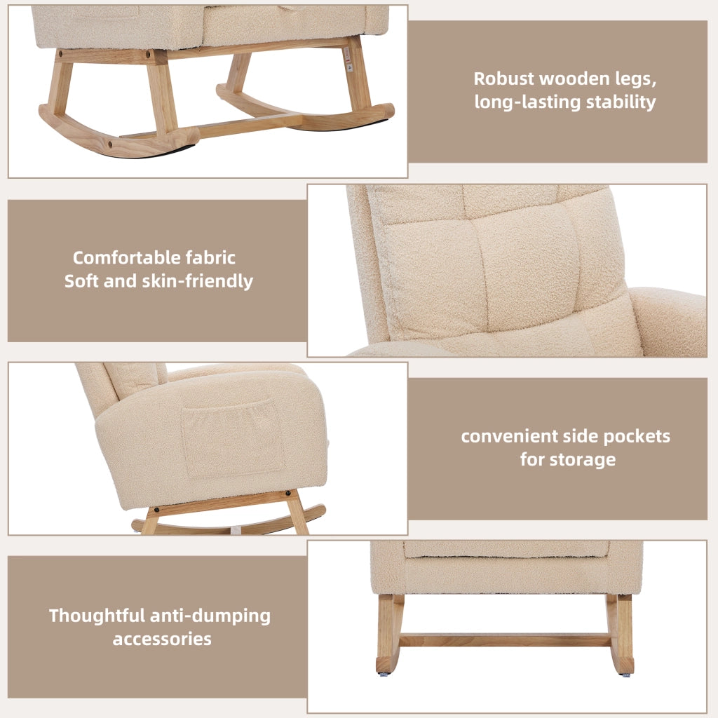 Poltrona a dondolo ergonomica con tasca laterale e schienale alto in tessuto bouclé beige per relax 132 × 50 × 99 cm