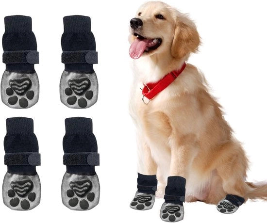 Sokke per cani con stoppi per le zampe, maniglie e cinturino regolabile per cuccioli e cani, per uso indoor e outdoor, protezione per zampe di cani su pavimenti in legno, 4 pezzi.
