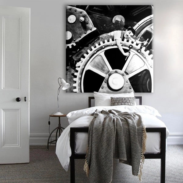Charlie Chaplin TEMPI MODERNI - Quadro stampa su tela montata su telaio in legno Misura: 130x130 cm