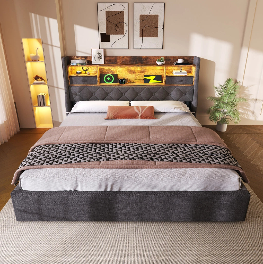 Letto matrimoniale contenitore 140x200 cm in lino grigio con LED; USB e USB-C