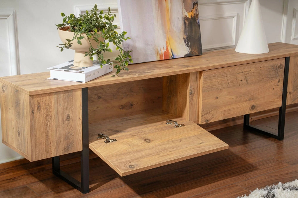 Mobile porta TV Lilith, Credenza da soggiorno, Armadio basso per TV, Base parete attrezzata, 180x30 h50 cm, Pino e Nero
