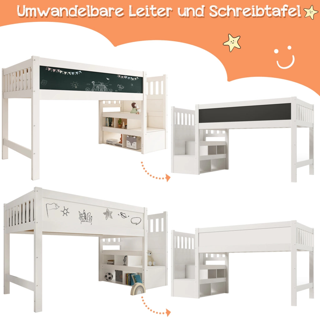 Letto a soppalco per bambini 90x200 cm bianco con scala contenitore