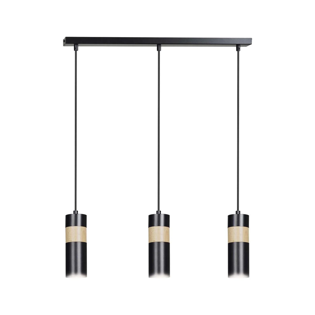 Lampadario 3 Luci Change In Acciaio Nero A Cilindro Con Legno Naturale