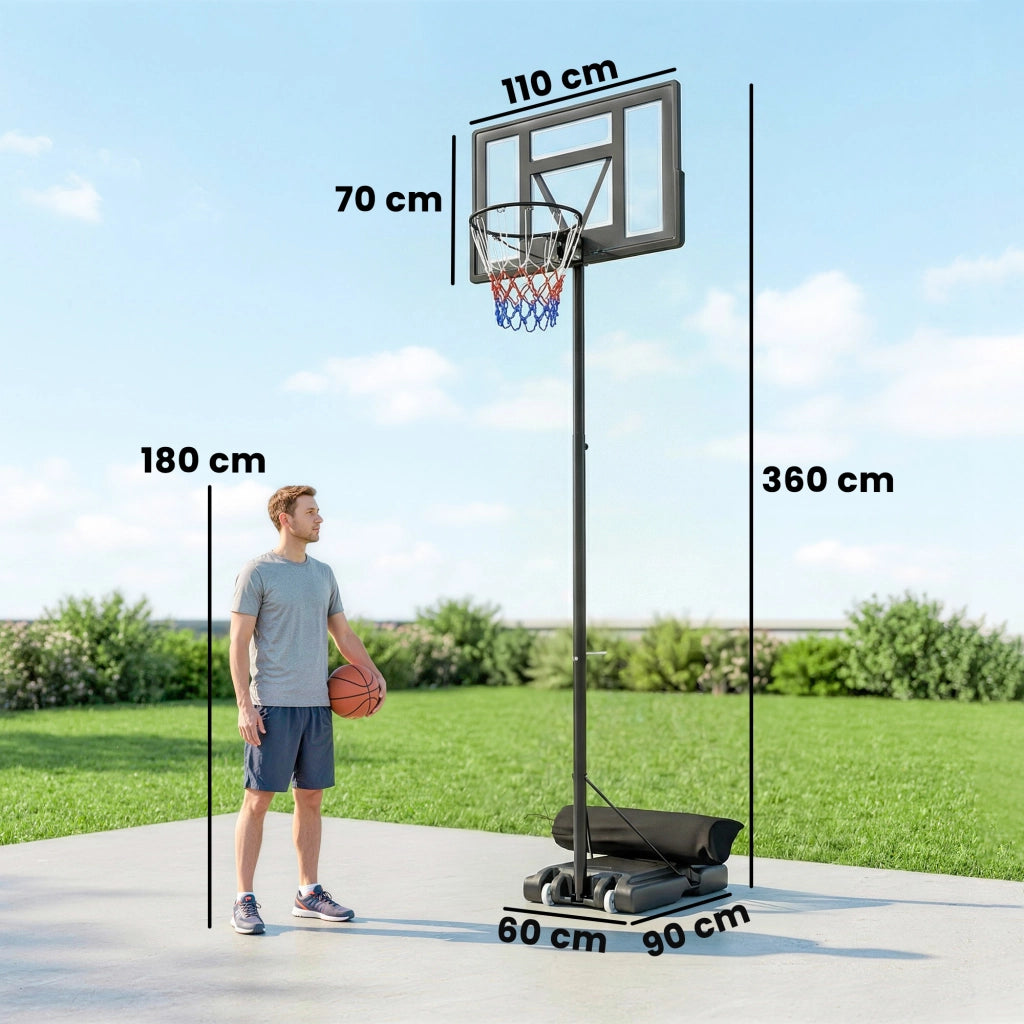 Canestro Basket con Altezza Regolabile 1,3-3 m, Base Riempibile e Ruote, Nero