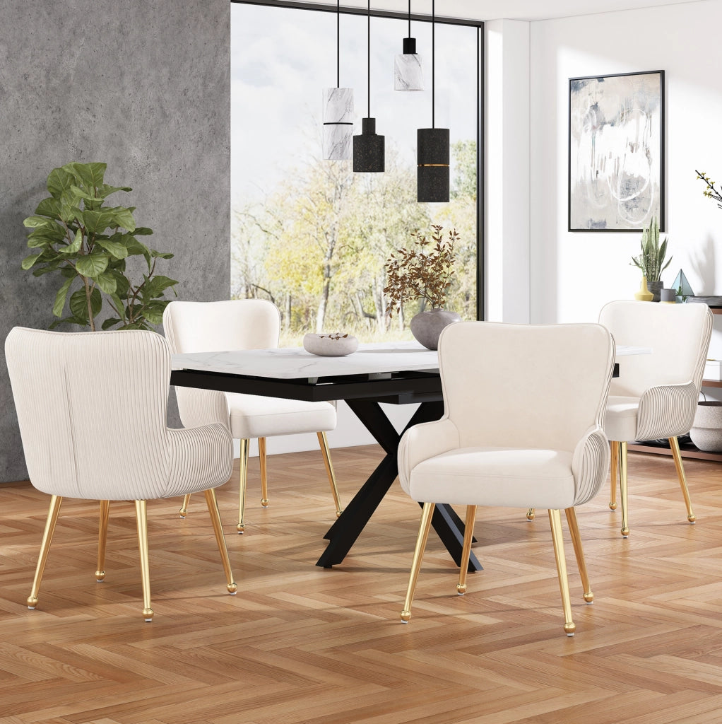Set di 6 sedie con braccioli in velluto beige e gambe dorate