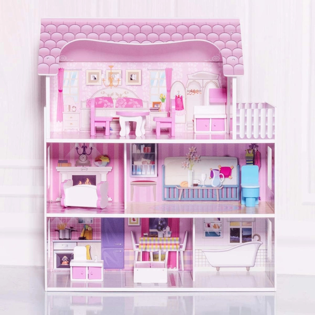 Casa delle Bambole in Legno per Bambina Giocattolo dei Bambini 3 Piani con Mobili e Accessori