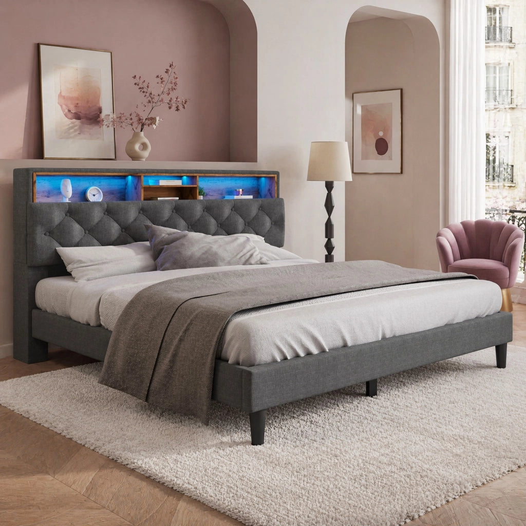 DESMIU Letto Matrimoniale 140 × 200 cm con Contenitore su Testiera, LED Regolabile e Vano, senza Materasso, Grigio