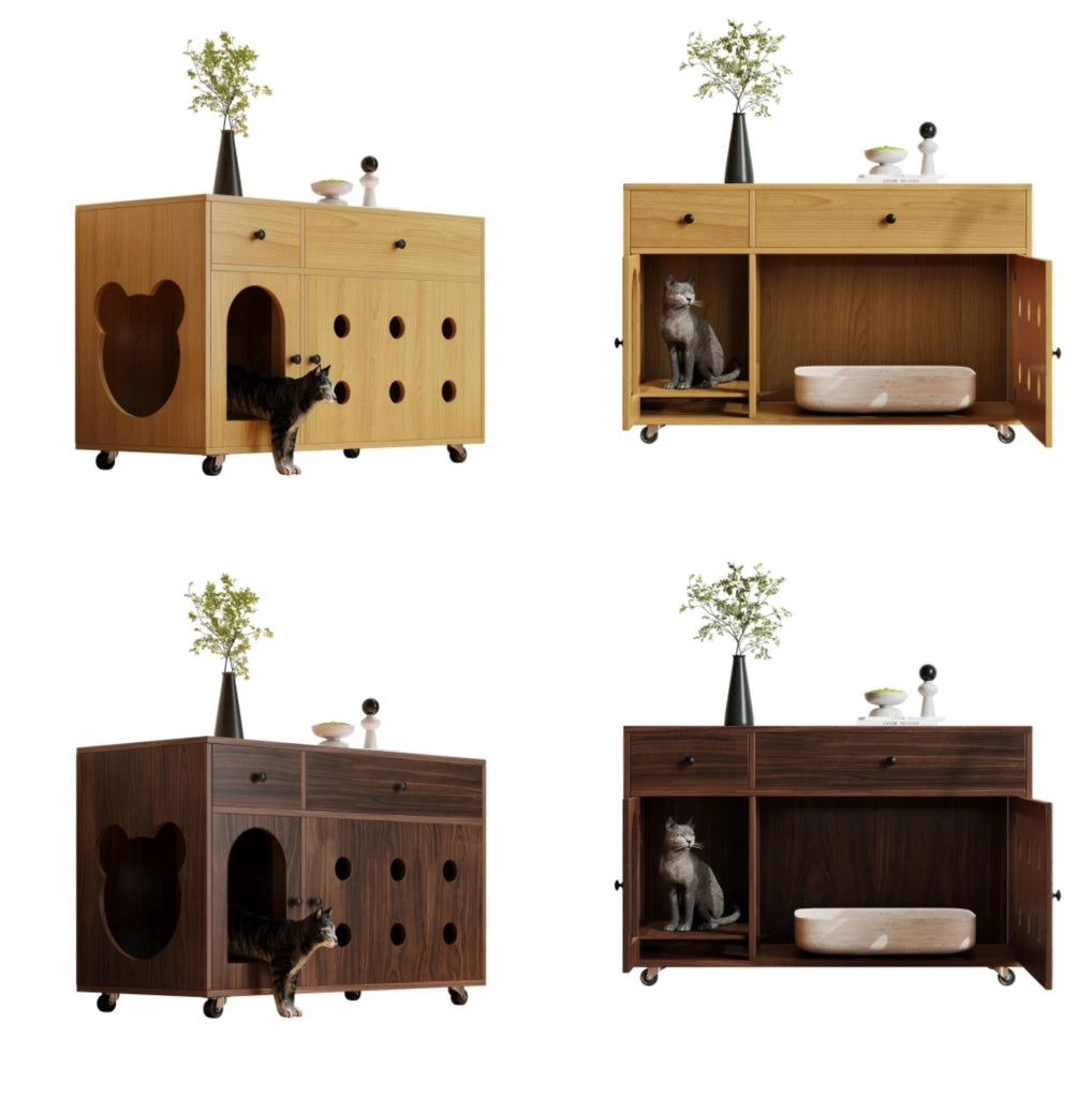 Mobile lettiera per gatti 100x45x66 cm con cassettini e vassoio raccogli-sabbia in MDF color noce