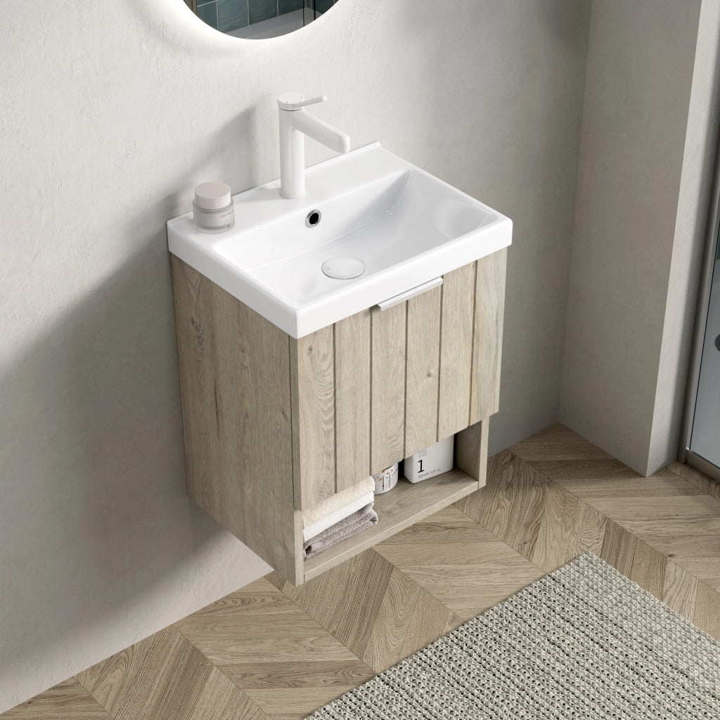 Mobile Bagno Sospeso con Lavabo in Ceramica ¨C MINIMAL ¨C Rovere Crema, Ante, Ripiano, 42cm