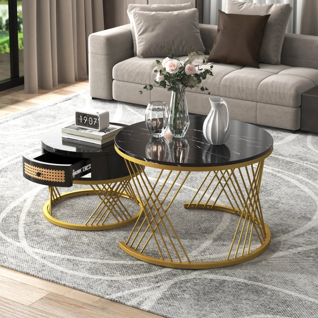 Tavolini da Caffè Impilabili Rotondi con 1 Cassetto; Piano Effetto Marmo; Stile Lusso Leggero; in MDF; Nero; 70×70×45;5 cm