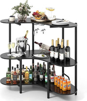 Tavolo da Bar 120 x 66 x 102 cm, Portabottiglie Vino a 3 Ripiani con Portabicchieri e Mensole di Stoccaggio, Isola Cucina Industriale per Bistro (Nero)
