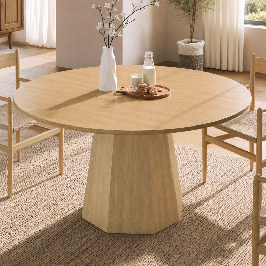 Tavolo da pranzo rotondo in MDF effetto rovere, diametro 120 cm, per 4-6 persone, design nordico
