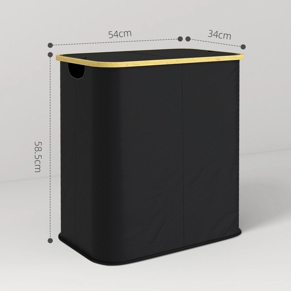 Cesto Portabiancheria da 80L a 2 Sezioni con Coperchio 54x34x58,5 cm in Tessuto non Tessuto e Bambù Nero