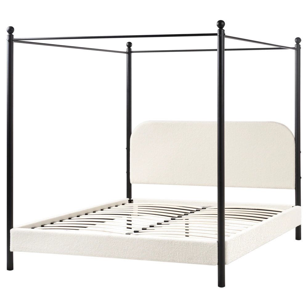 Letto a baldacchino in metallo nero con rivestimento in bouclé bianco sporco 160 x 200 cm EU Dimensioni doppie Retro Minimalista