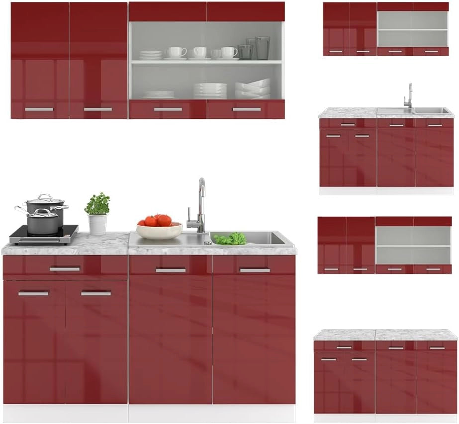 Cucina monoblocco R-Line, Rosso lucido, 140 cm senza piano di lavoro, adatto a spazi piccoli, espandibile in modo modulare