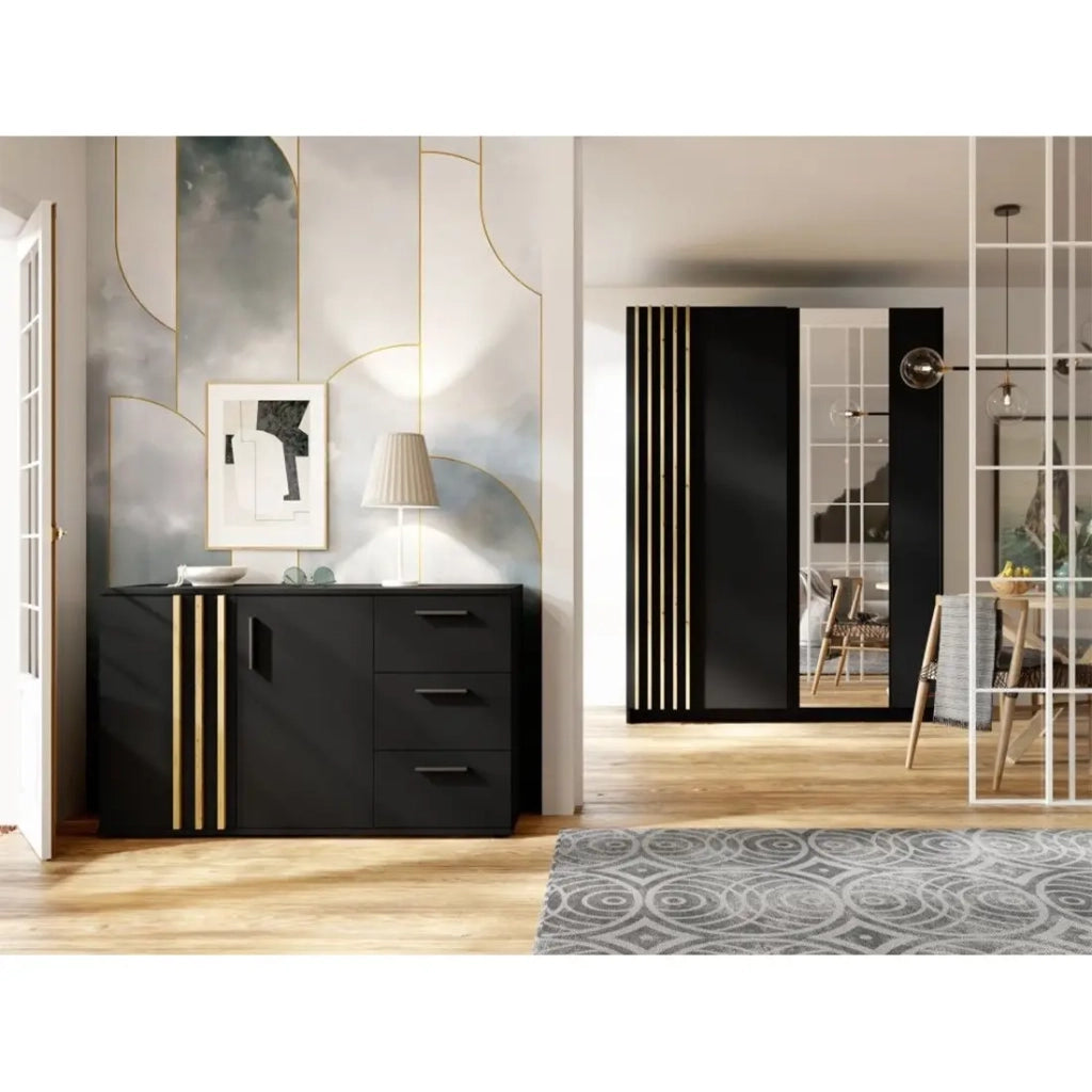 Comò VARIA - 2 ante e 3 cassetti - Design moderno colore nero e rovere artigiano