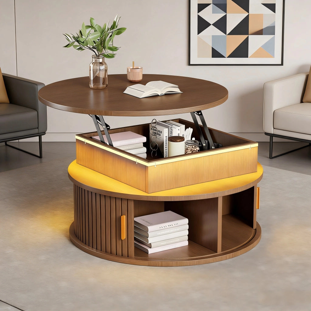 Tavolino da salotto rotondo regolabile in altezza 75 cm con LED, contenitore e ante a rullo, colore noce