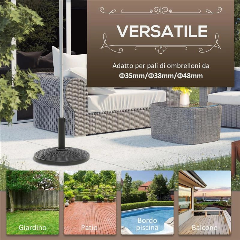 BASE PER OMBRELLONE ROTONDA EFFETTO RATTAN DA 12.5 KG SUPPORTO PER PALI DA 38MM E 48MM Ø44.5 CM NERO